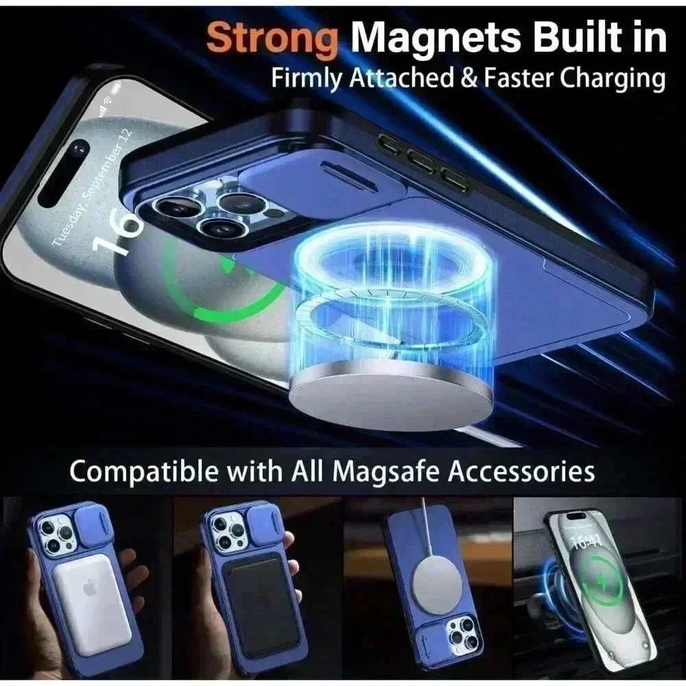 360 Rotatable‎ Magnetic Ring Case With Camera Cover For 13 Pro Max 6.7” Blue